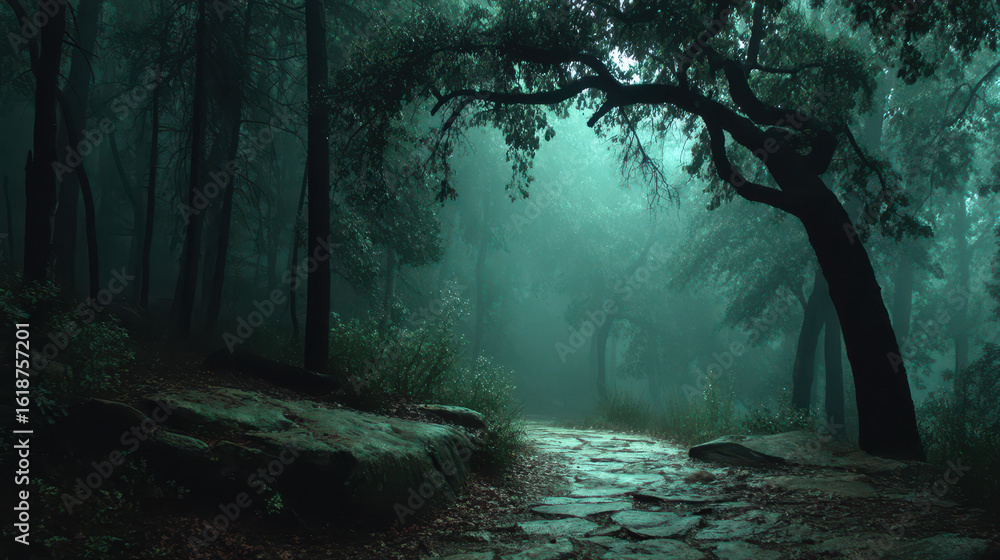 Poster misty forest with twisted trees and ethereal light illuminating a path surrounded by swirling fog at
