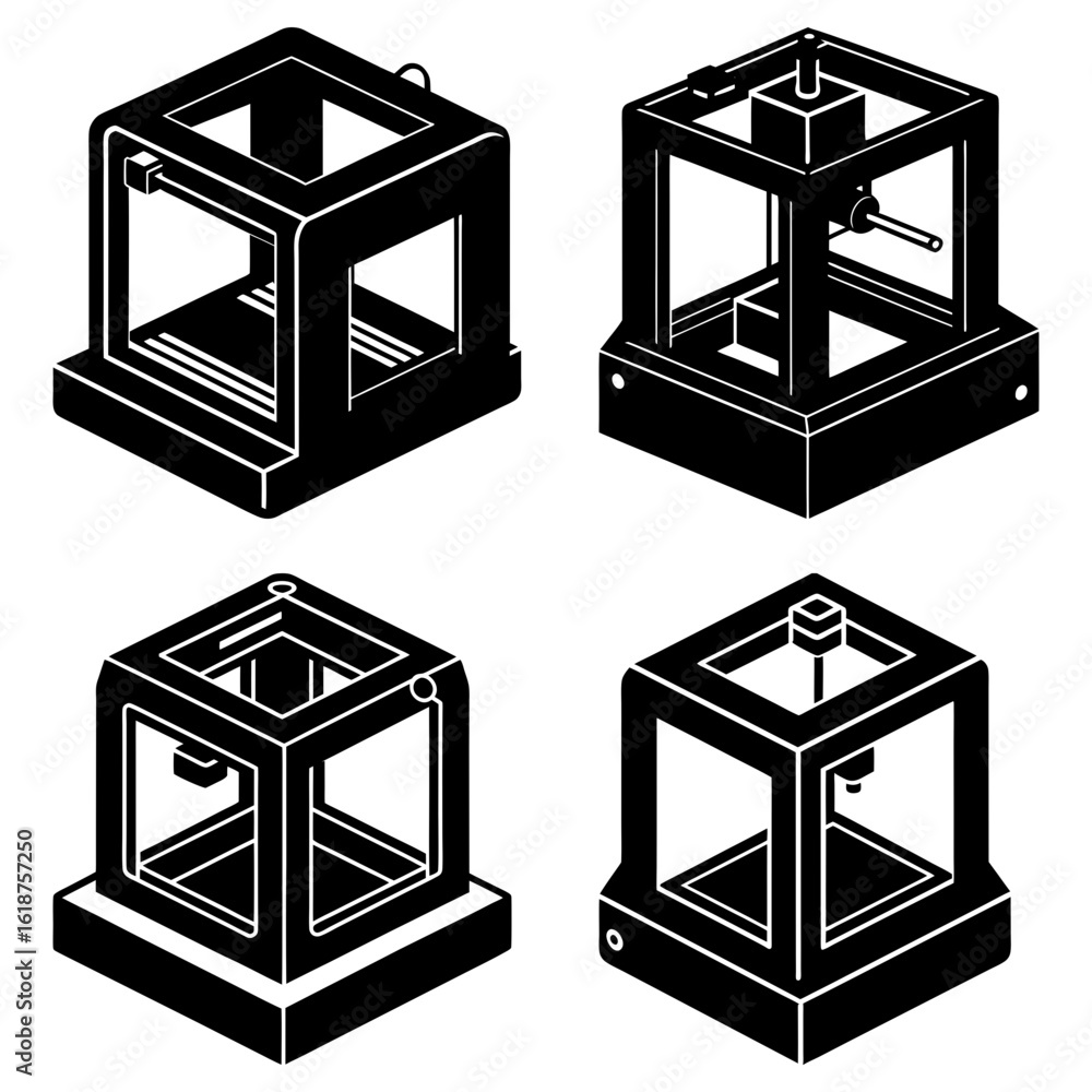 Aufkleber isometric view of four black and white 3d printer models with varying designs and visible components