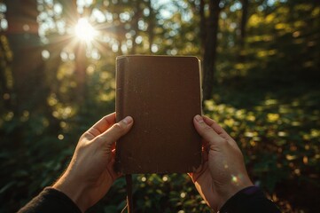 A person's hands holding an old book up to the bright sunlight in a tranquil forest, symbolizing faith and knowledge.