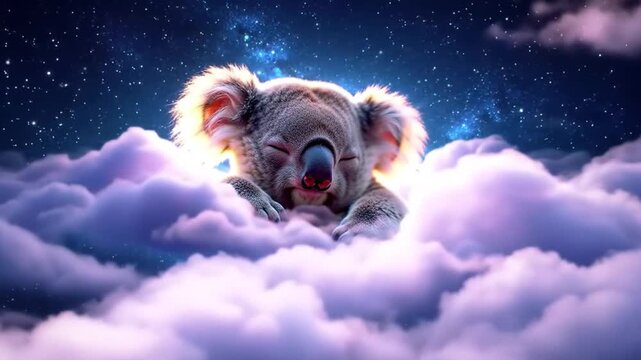 A sleeping koala nestled in fluffy clouds against a starry night sky background