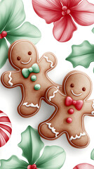 Naklejka premium Gingerbread cookies with colorful icing decorations are surrounded by festive holiday foliage and candy, creating a cheerful and vibrant seasonal atmosphere for Xmas celebrations and New Year ads