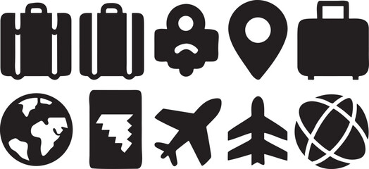 Isolated black travel icons, airplane, suitcase, passport, globe, hotel, bus, train, location pin, camera, travel insurance, hiking, boarding pass, guidebook for tourism, vacation, trip designs