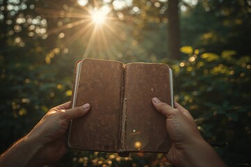 Hands holding an open vintage journal in a sunlit forest, a concept of inspiration and storytelling in nature