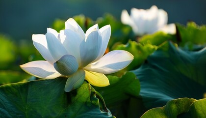 Obraz premium blooming white lotus flower surrounded by lush green leaves in tranquil nature setting