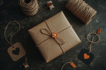 Handmade gift box wrapped in brown kraft paper with natural twine and heart-shaped tags for a special celebration.