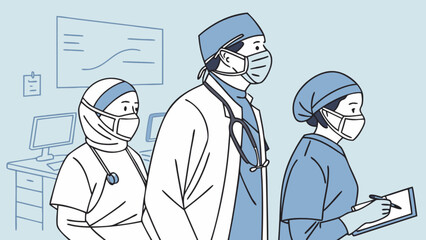 Medical team doctors nurses wearing masks in hospital setting healthcare professionals vector illustration