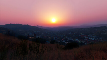 Obraz premium Colorful Sunset Over Cityscape Panorama