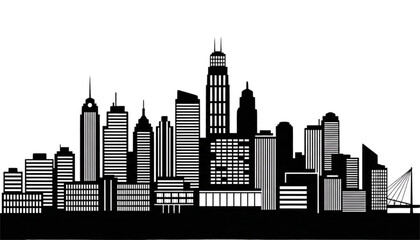 Naklejka premium Silhouette of a cityscape featuring various skyscrapers and buildings, rendered in black and white.