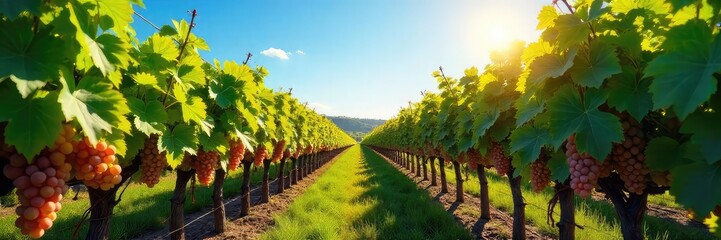 Sun-drenched rows of grapevines stretching towards a clear blue sky, ripe grapes hanging heavy on the vines, a picturesque vineyard scene at harvest time , farming, plantation, field