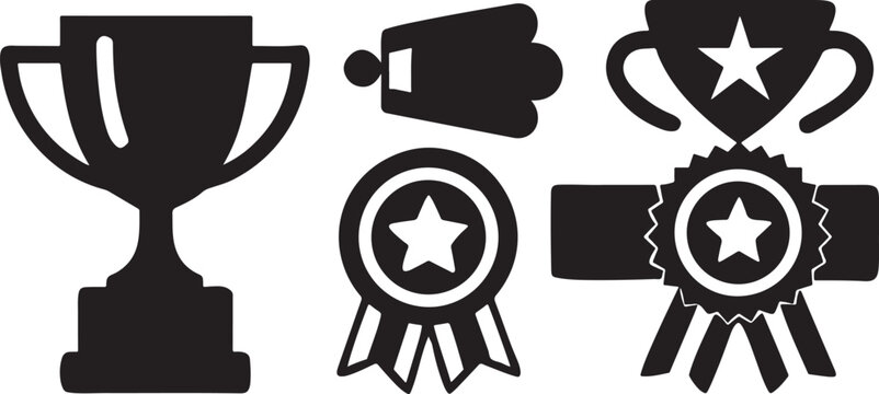 Isolated black award and recognition icons, trophy, prize, crown, medal, performance seal, certificate, top rated badge, success cup, appreciation ribbon for premium design and event promotions