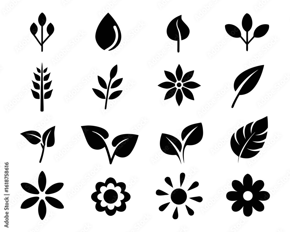 Poster a curated selection of straightforward artistic symbols representing various concepts presented in a