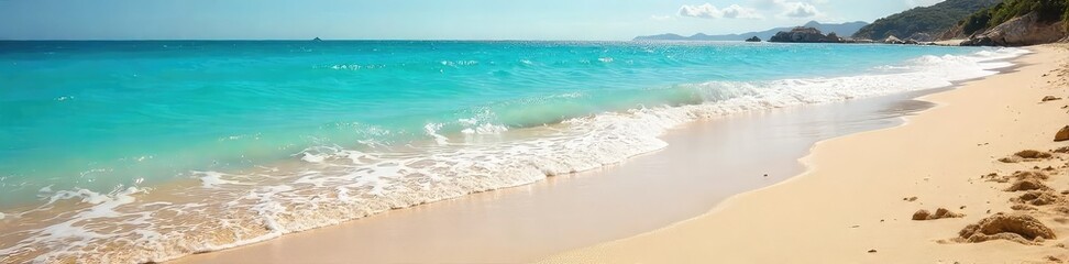 Obraz premium Sun-drenched beach scene, perfect for a relaxing day Golden sand, clear blue water, inviting waves lapping the shore Ideal for summer vacation or travel imagery , summer vacation, sunny day