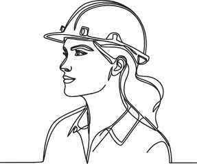 Female construction worker. Continuous line style. Vector illustration