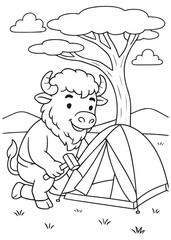 Coloring book page of a bison setting up a camping tent in the forest.