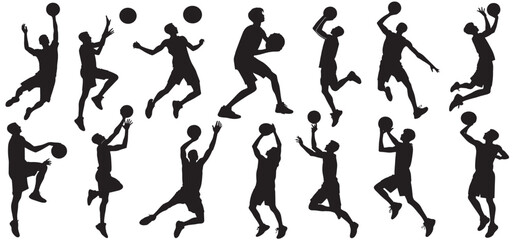 Basketball players silhouettes set, Basketball player in different poses vector