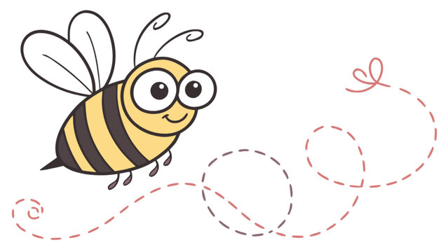 Cute cartoon bee flying with a dotted line trail isolated on white background, a happy and sweet character illustration for spring and summer designs, adorable kawaii mascot