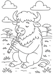 Coloring book page of a bison playing flute in a peaceful field.