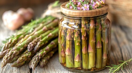 Preserved asparagus spears in a glass jar.