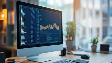 Desktop computer displaying code and data visualization in modern office setting - Powered by Adobe