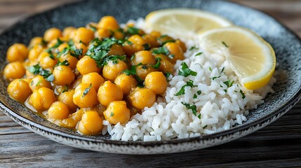 Chickpea curry with rice and lemon wedges.