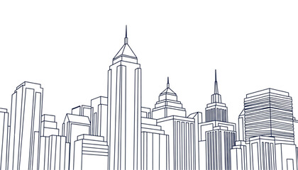 Obraz premium A line drawing of a city skyline, showcasing numerous skyscrapers and architectural details.