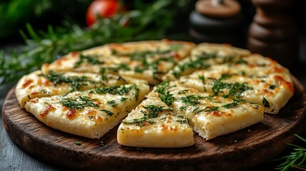Sliced cheese pizza with fresh herbs on wooden board.