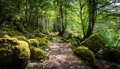 moss covered rocks and a shaded forest trail on mount olympus capturing the untouched mystical beauty of the greek wilderness