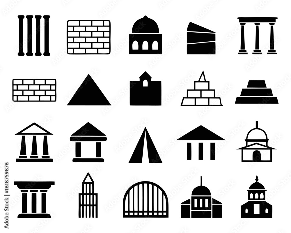 Poster collection of linear outline icons representing historical architectural styles and structures from 