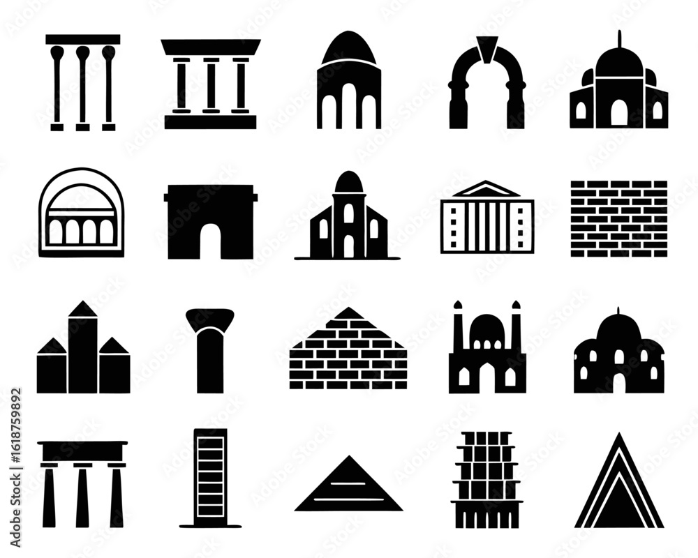 Poster collection of linear outline icons representing historical architectural styles and ancient structur