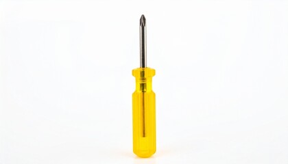 Flathead screwdriver with yellow handle and black tip, isolated on white backdrop—evokes precision, manual craftsmanship, and utilitarian simplicity in hand tools.