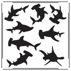 Hammerhead Shark Silhouettes Set - Multiple Shark Shapes, Ocean Predator Icons, Sea Animal Graphics for Marine Life, Wildlife, and Educational Use
