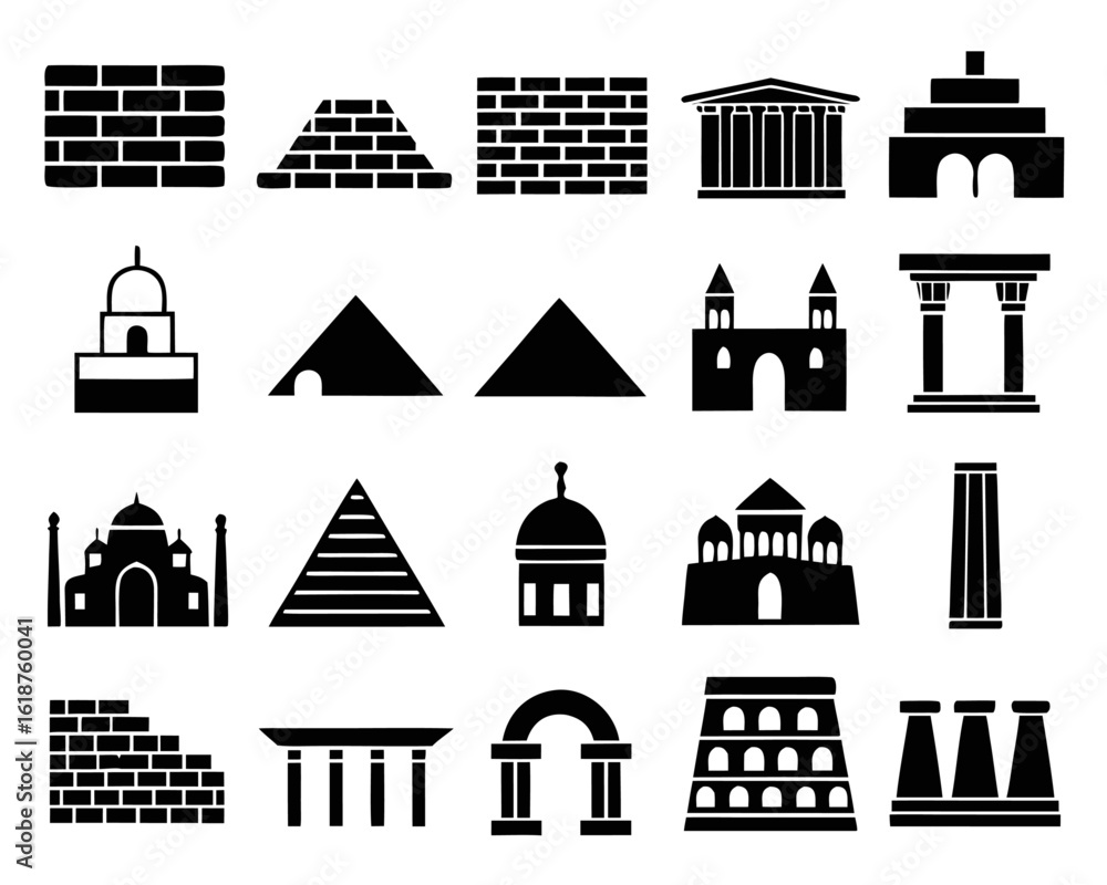 Poster collection of linear outline icons representing historic and ancient architectural styles and struct