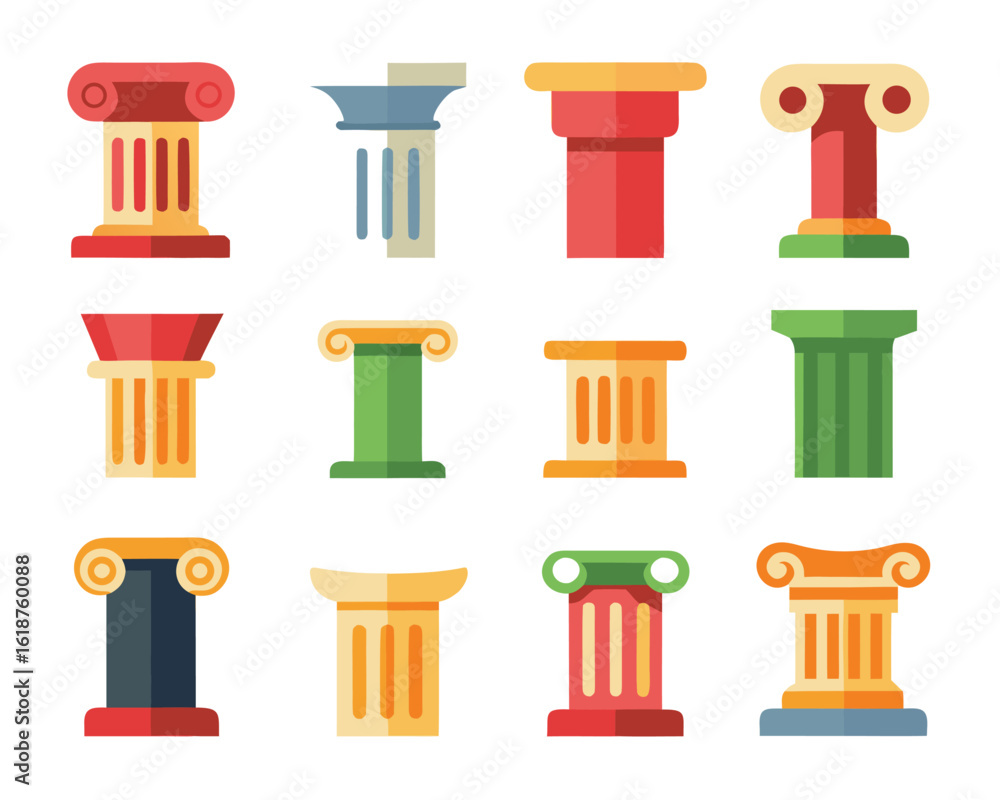 Poster collection of ancient architectural column icons representing historical structures and classical de