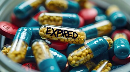 A close-up of expired capsules among other pills in a container, showcasing a mix of colors and highlighting the importance of proper medication disposal.