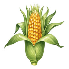 Detailed watercolor illustration of a fresh corn cob with green husks isolated on transparent background