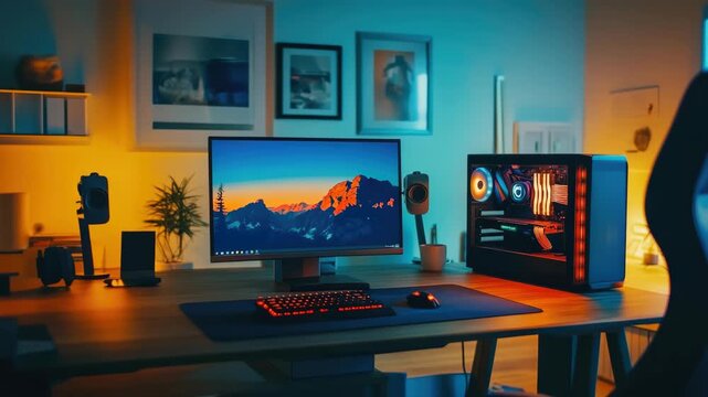 Stylish gaming PC setup with colorful LEDs, desktop monitor, keyboard, and speakers in modern room