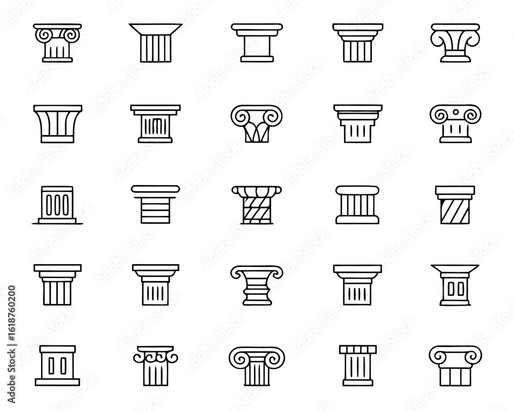 Poster collection of ancient architectural column icons representing historical structures and classical de