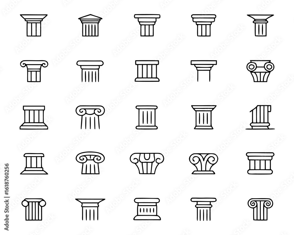 Poster collection of ancient architectural column graphics and symbols representing historical structures a