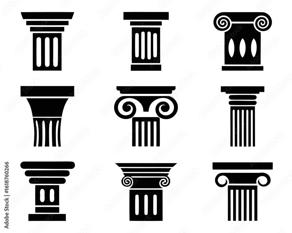 Poster collection of ancient architectural column symbols and historic building elements for design project