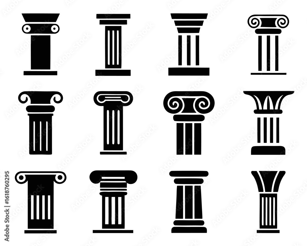 Poster collection of ancient architectural column icons representing classical design elements and historic