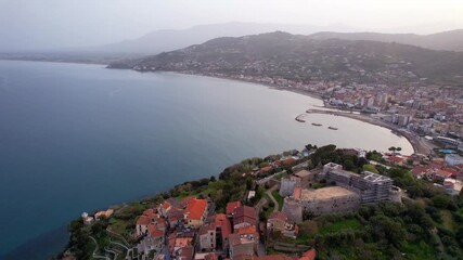 Agropoli - Italy - reverse landing aerial photograph town with a stunning view of the bay and the Castello Angioino Aragonese