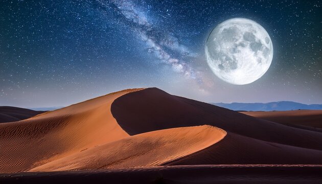 stunning bright full moon over expansive desert dunes under starry night sky - Powered by Adobe