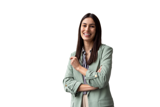 Professional businesswoman standing confidently, arms crossed, wearing tailored suit, radiating success against transparent backdrop