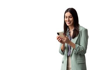 Smiling professional woman working on smartphone, representing digital communication and workplace connectivity, transparent backdrop