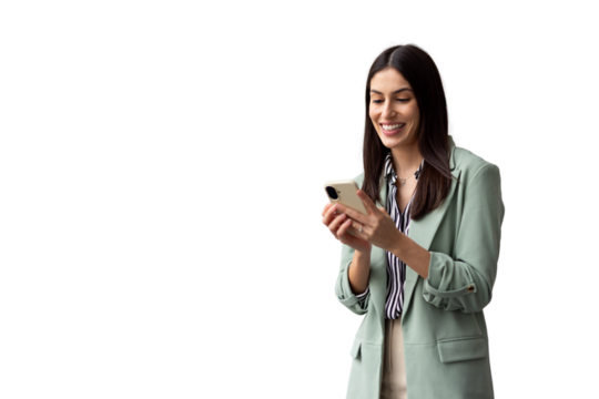 Smiling professional woman working on smartphone, representing digital communication and workplace connectivity, transparent backdrop - Powered by Adobe