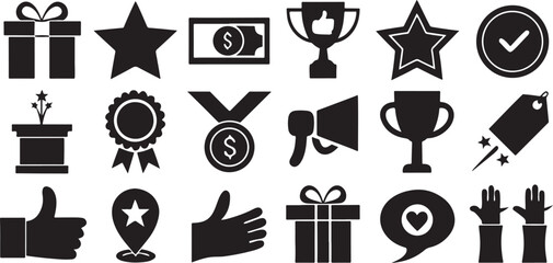 Isolated black gift reward bonus discount advantage offer handout icon salary insurance wellness support incentive profit success happiness growth opportunity value increase perks package finance vect