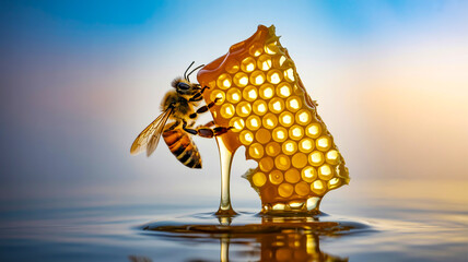 Close-up macro photo of honeycomb breaking apart, golden honey bee clinging to jagged honey edge