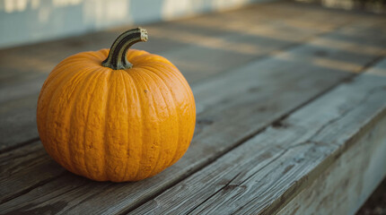 Pumpkin on wooden table with natural light in autumn setting  
