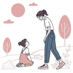 Young girl looking up at a woman in a park with trees and clouds