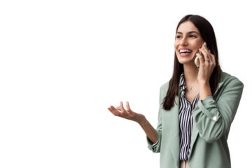 Professional businesswoman smiling, talking animatedly on smartphone, transparent backdrop